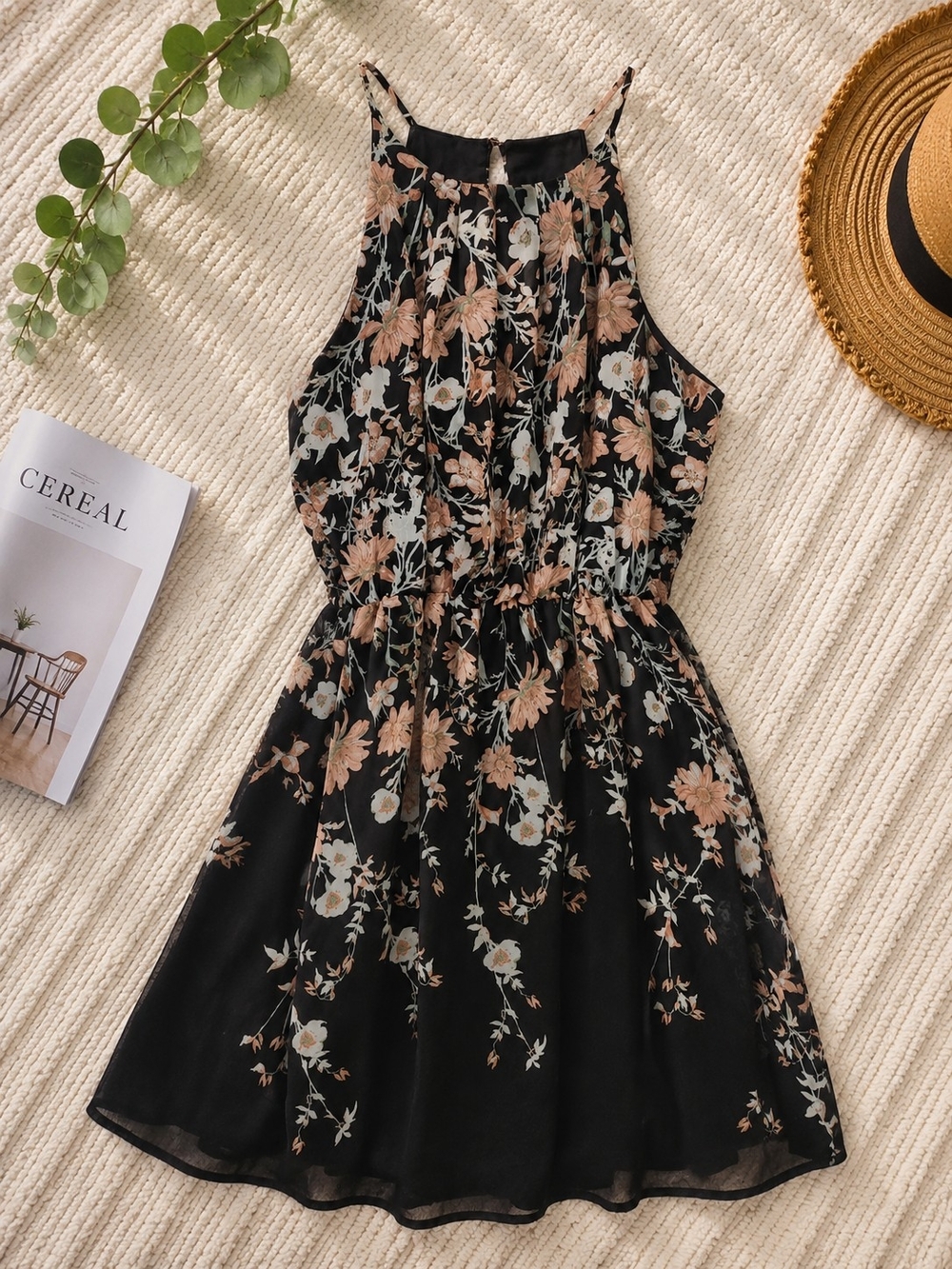Maurices Black Floral Midi Sundress with Tan & Cream Blooms